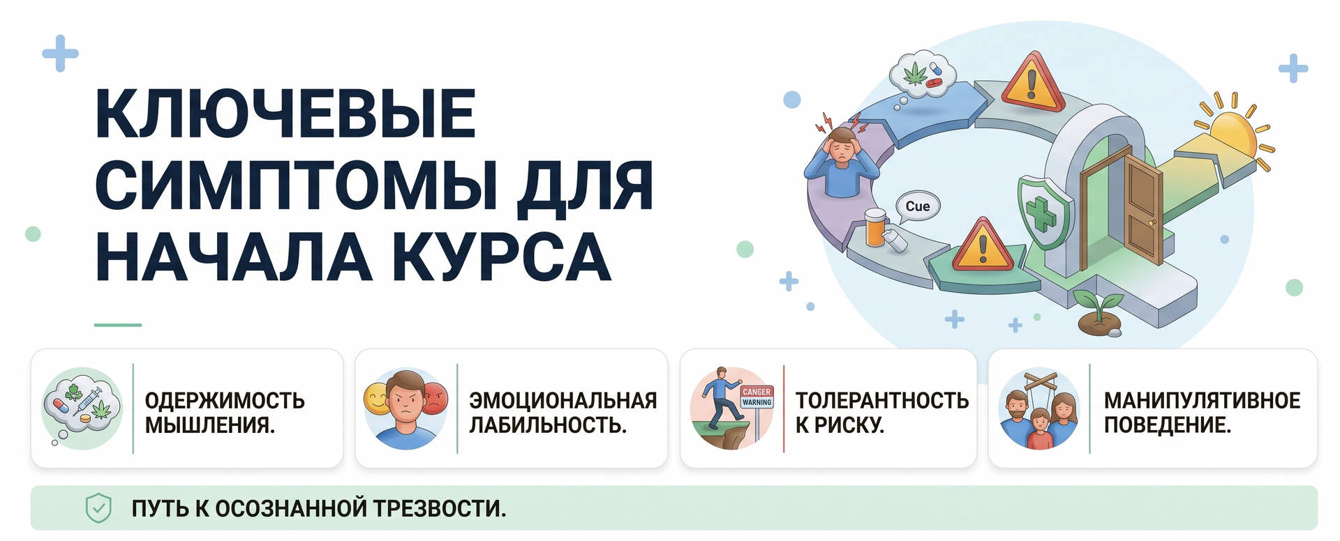 Иллюстрация программы реабилитации «12 шагов»: врач консультирует пару, винтовая лестница с нумерацией шагов ведет к свету, рядом разорванная цепь и медицинский чек-лист